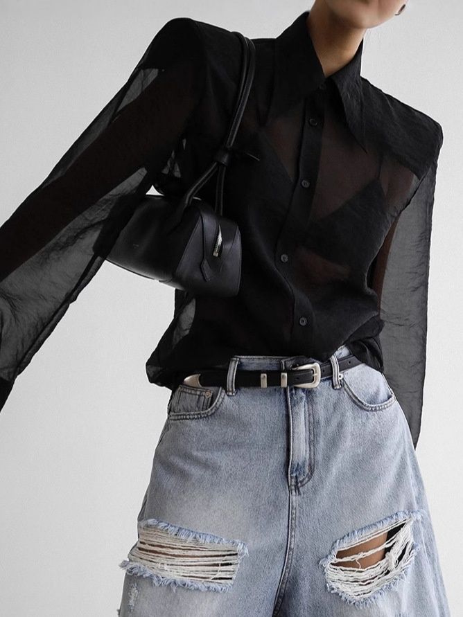 Camisa abotonada extragrande transparente - Negro y marrón