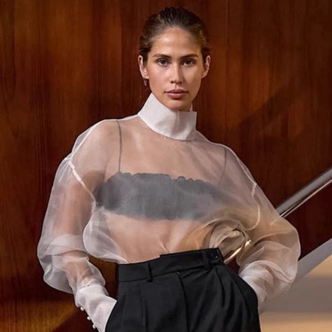 Blusa de organza transparente con cuello alto y mangas voluminosas.