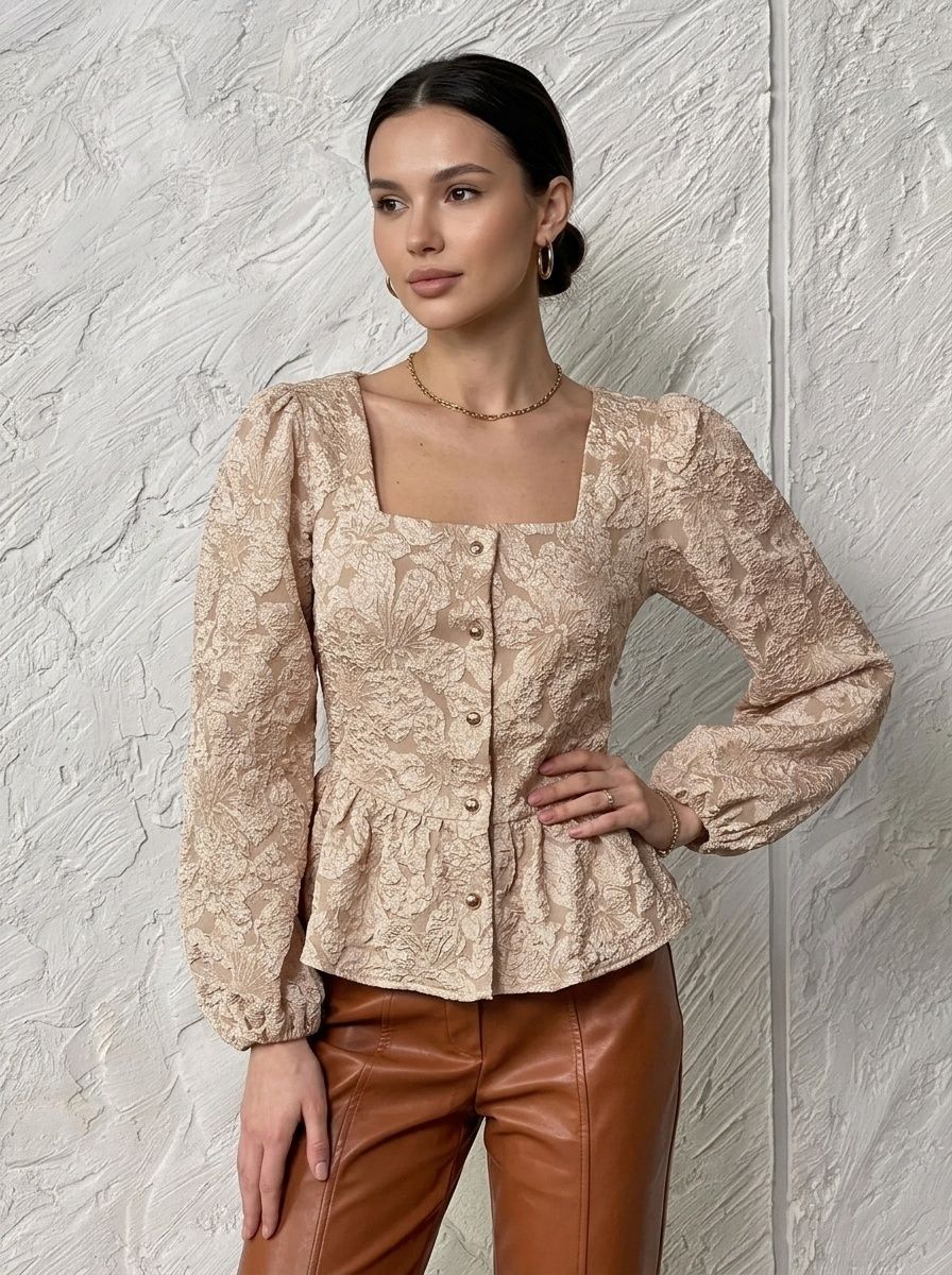 Blouse péplum à col carré et imprimé floral texturé