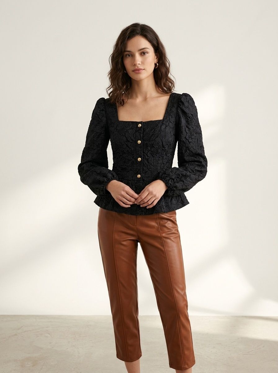 Blusa peplum de cuello cuadrado con estampado floral texturizado