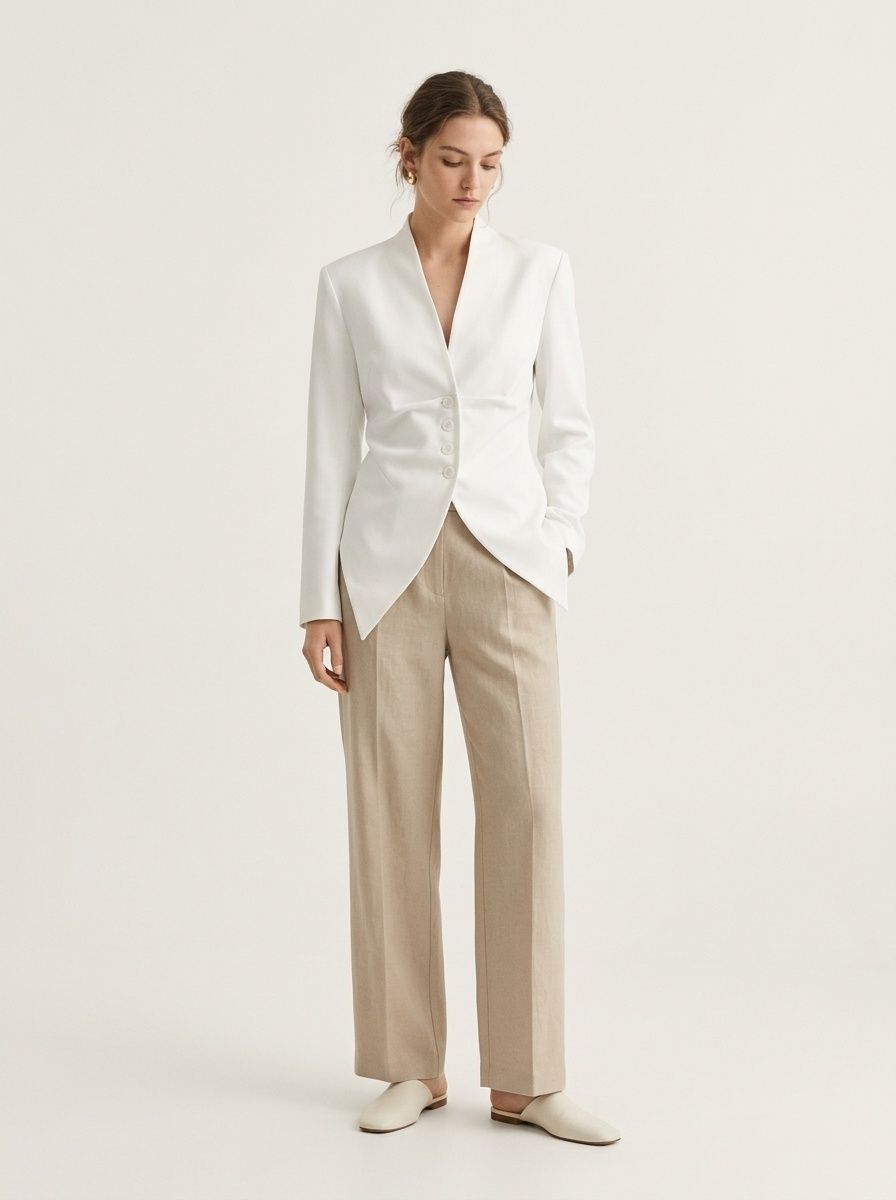 Blazer da donna con scollo a V, vita stretta e laccetti sul retro.