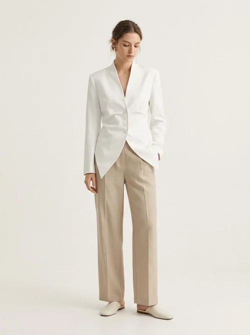 Blazer da donna con scollo a V, vita stretta e laccetti sul retro.