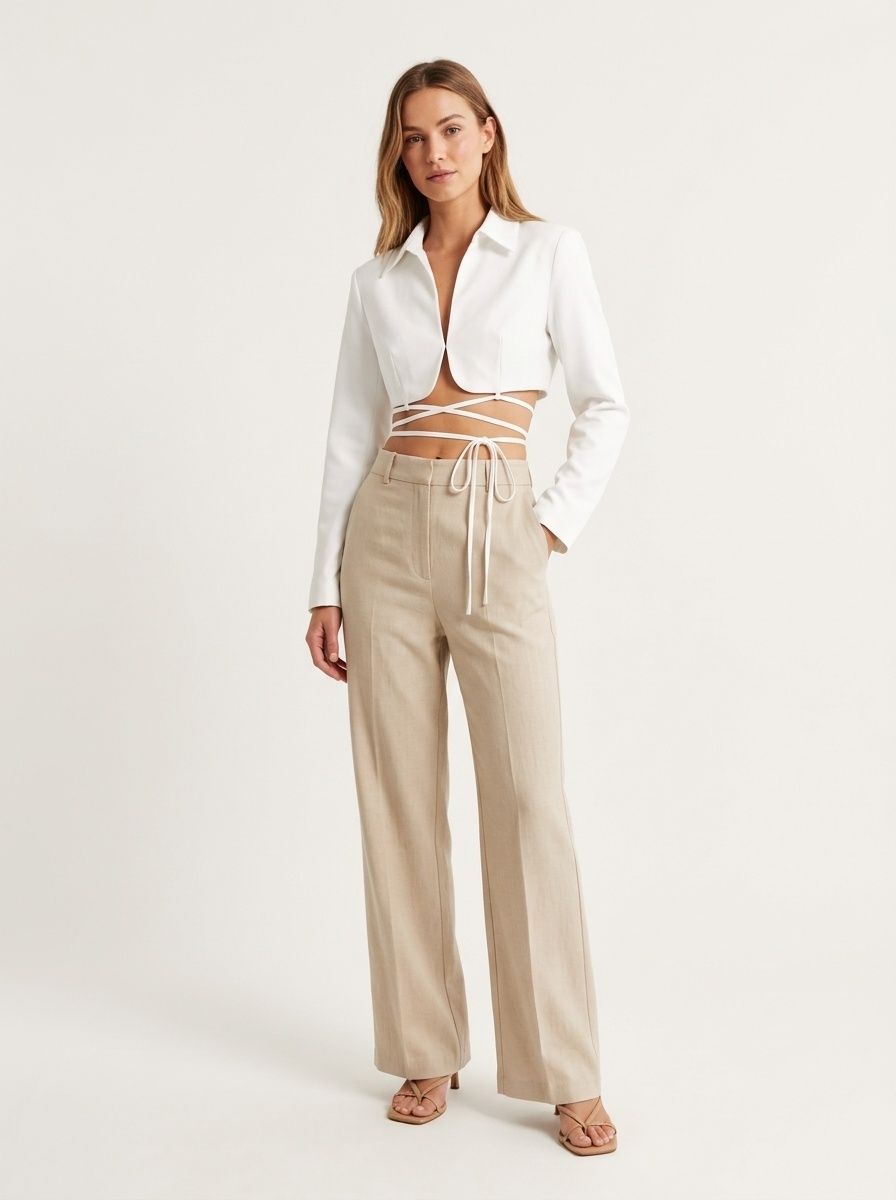 Women's Cropped Long Sleeve Tie-Up Blazer Top