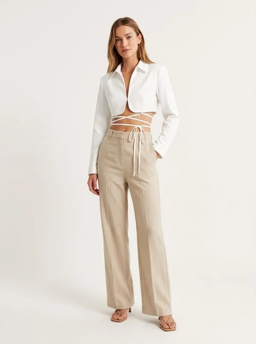 Women's Cropped Long Sleeve Tie-Up Blazer Top