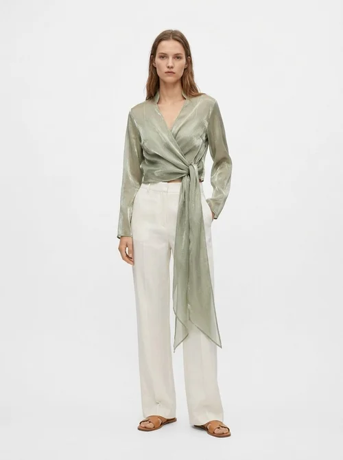Green Shimmer Sheer Tie-Front Wrap Crop Blouse