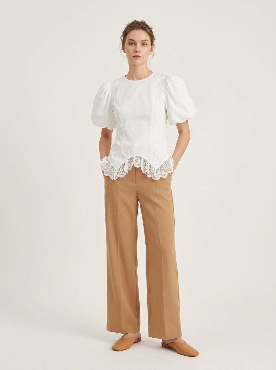 White Puff Sleeve Lace Trim Fitted Blouse