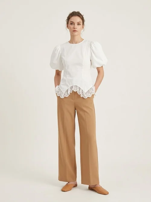 White Puff Sleeve Lace Trim Fitted Blouse