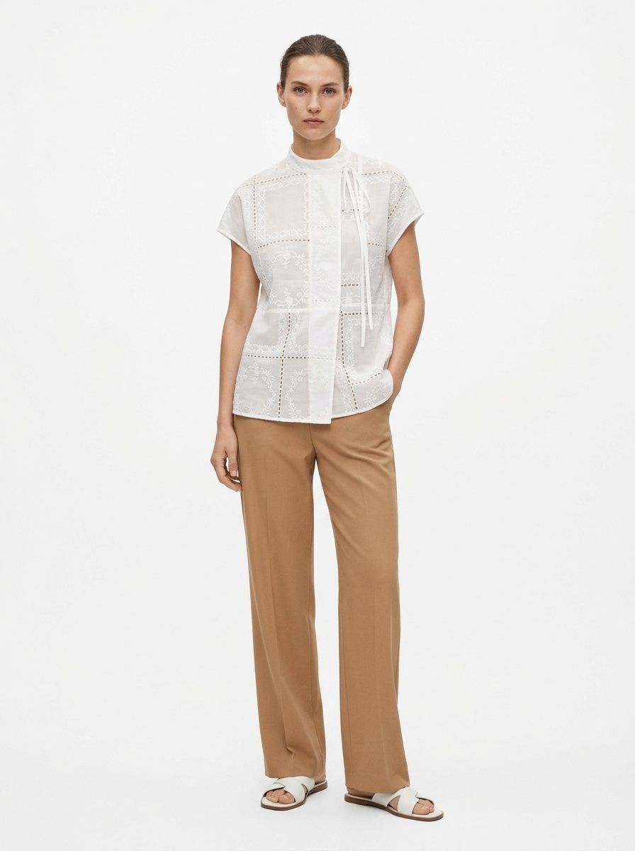 White Embroidered Lace Cap-Sleeve Tie Blouse