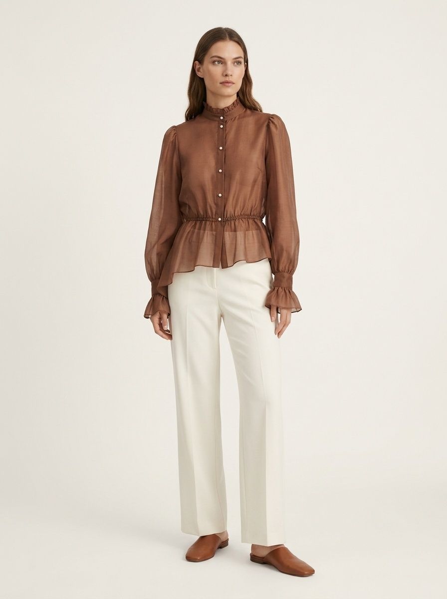 High Neck Lace Cuff Peplum Blouse
