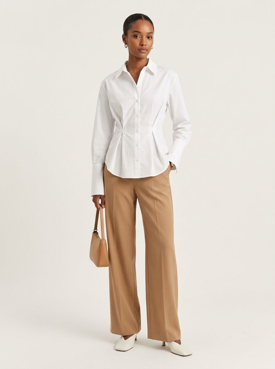 Pleated Waist Long Sleeve Button Down Shirt