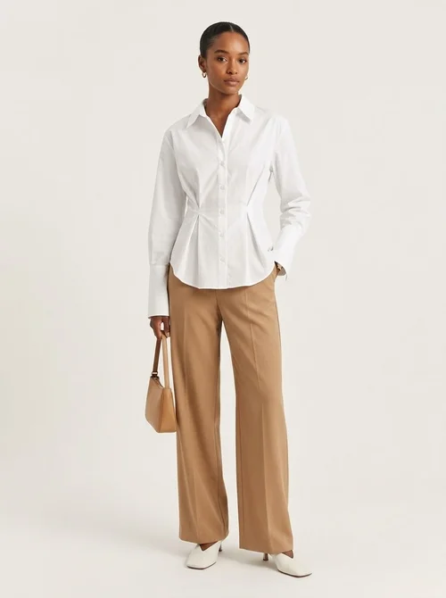 Pleated Waist Long Sleeve Button Down Shirt