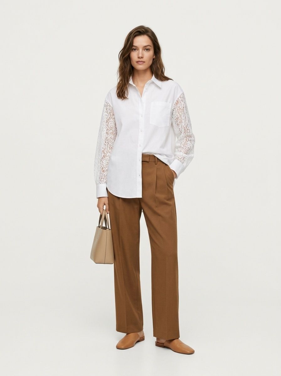 Women's Lace Contrast Long Sleeve Button Down Shirt