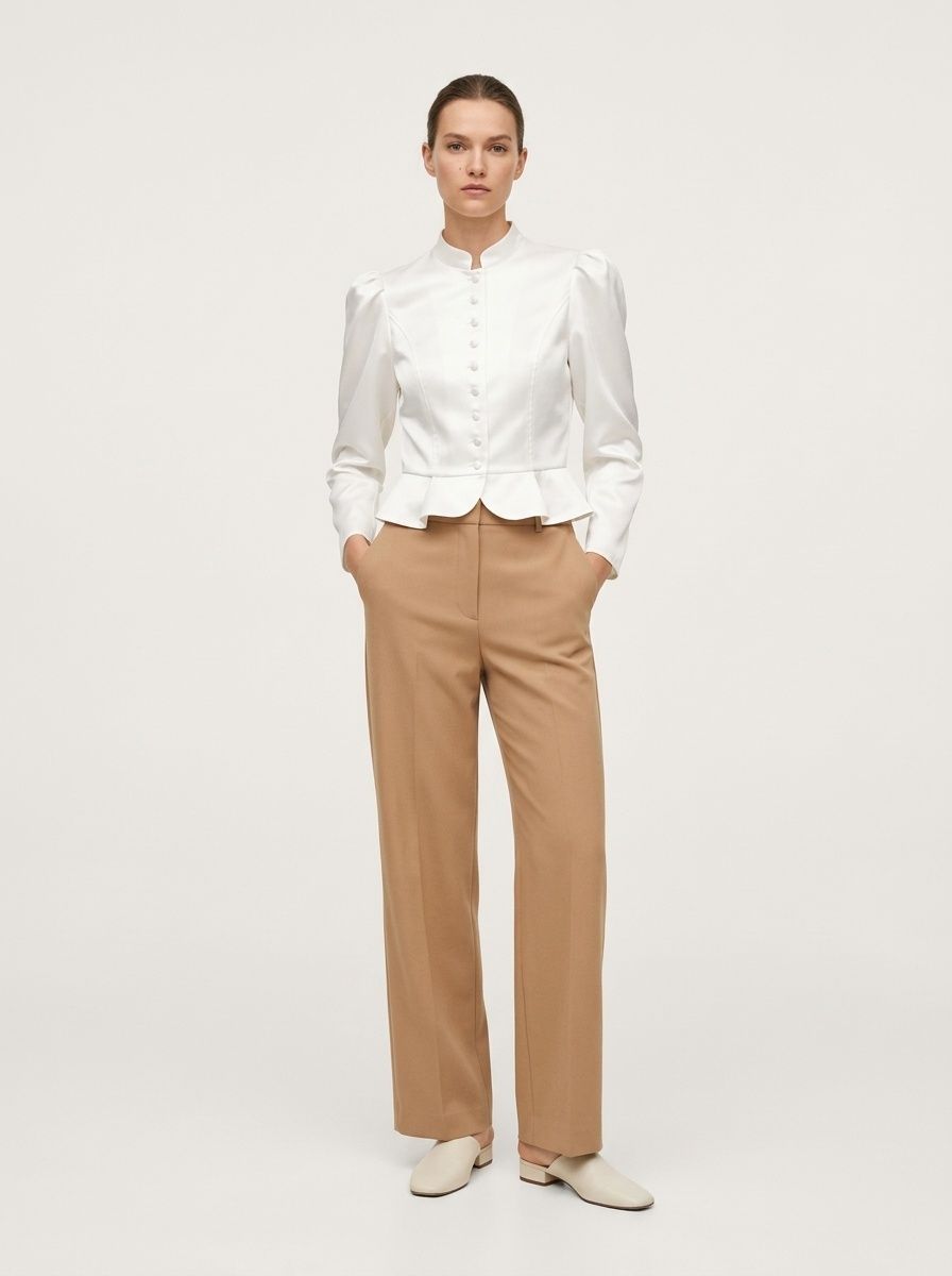 Puff Sleeve Stand Collar Button Up Peplum Blouse