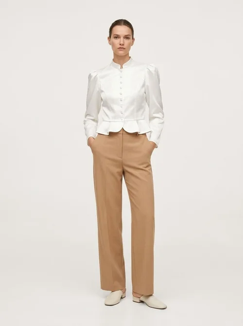 Puff Sleeve Stand Collar Button Up Peplum Blouse