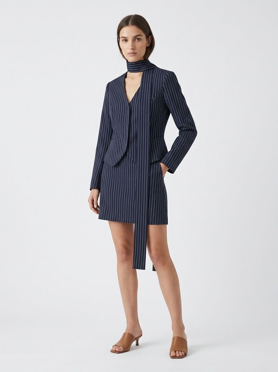 Pinstripe Blazer & Mini Skirt Set with Scarf