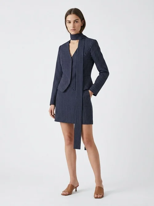 Pinstripe Blazer & Mini Skirt Set with Scarf