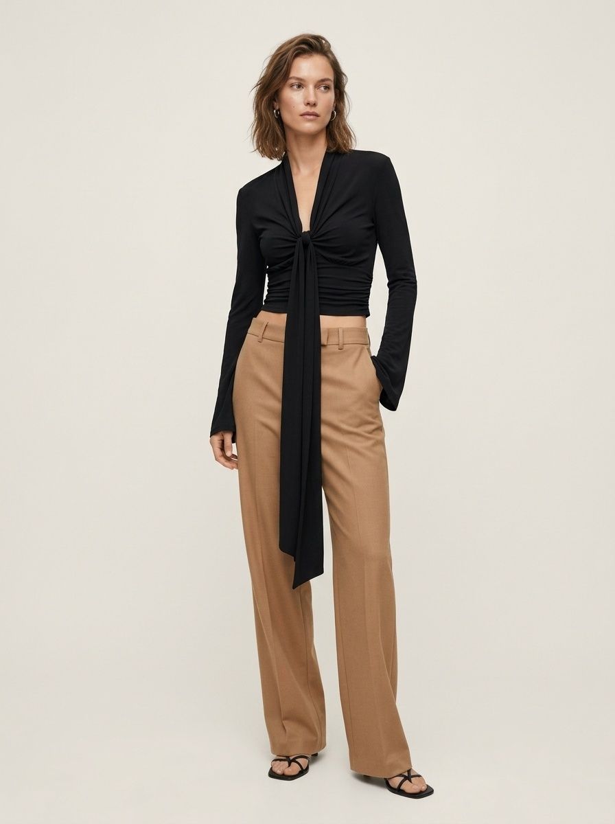 Top da donna a maniche lunghe con drappeggio e allacciatura frontale