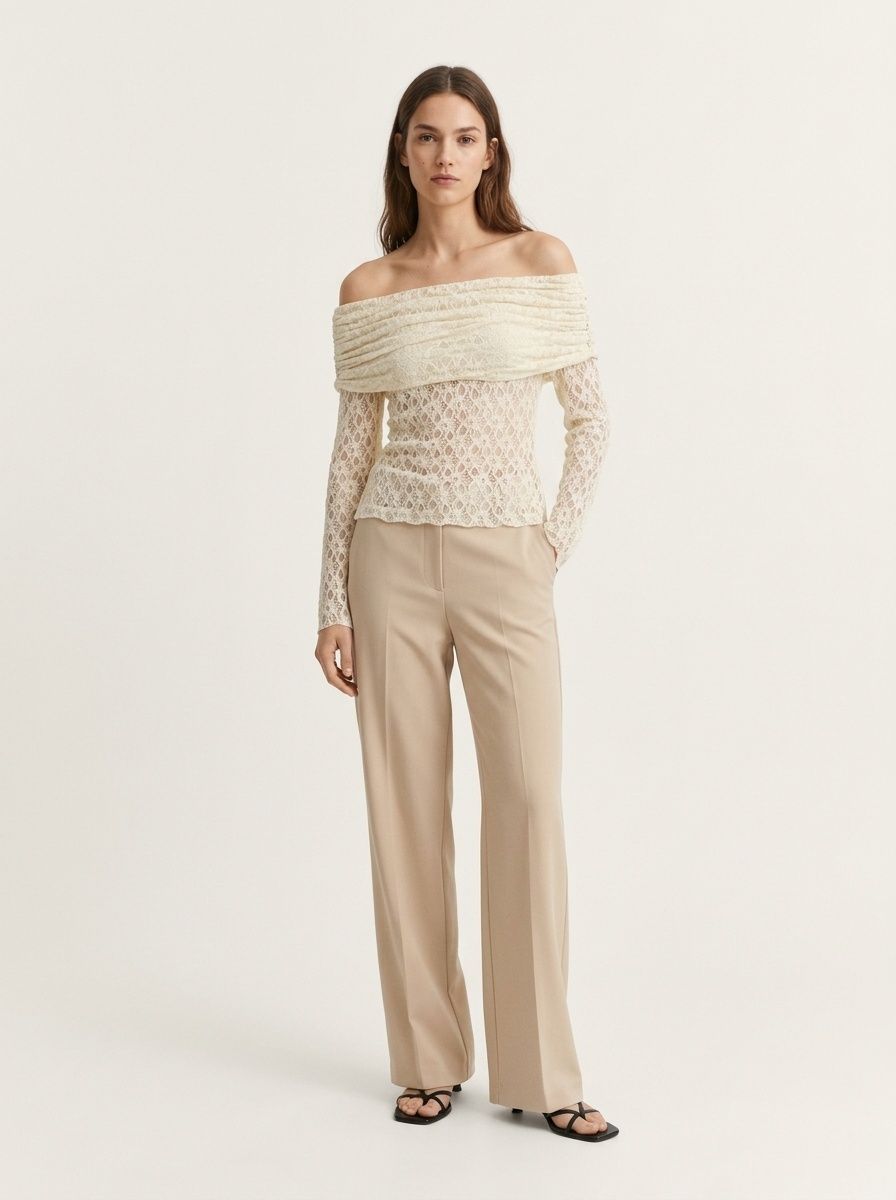 Women's Off-Shoulder Ruched Lace Long Sleeve Top