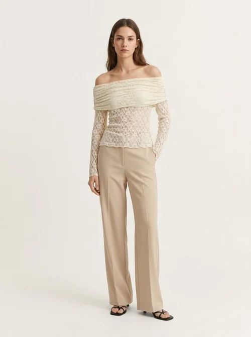 Women's Off-Shoulder Ruched Lace Long Sleeve Top