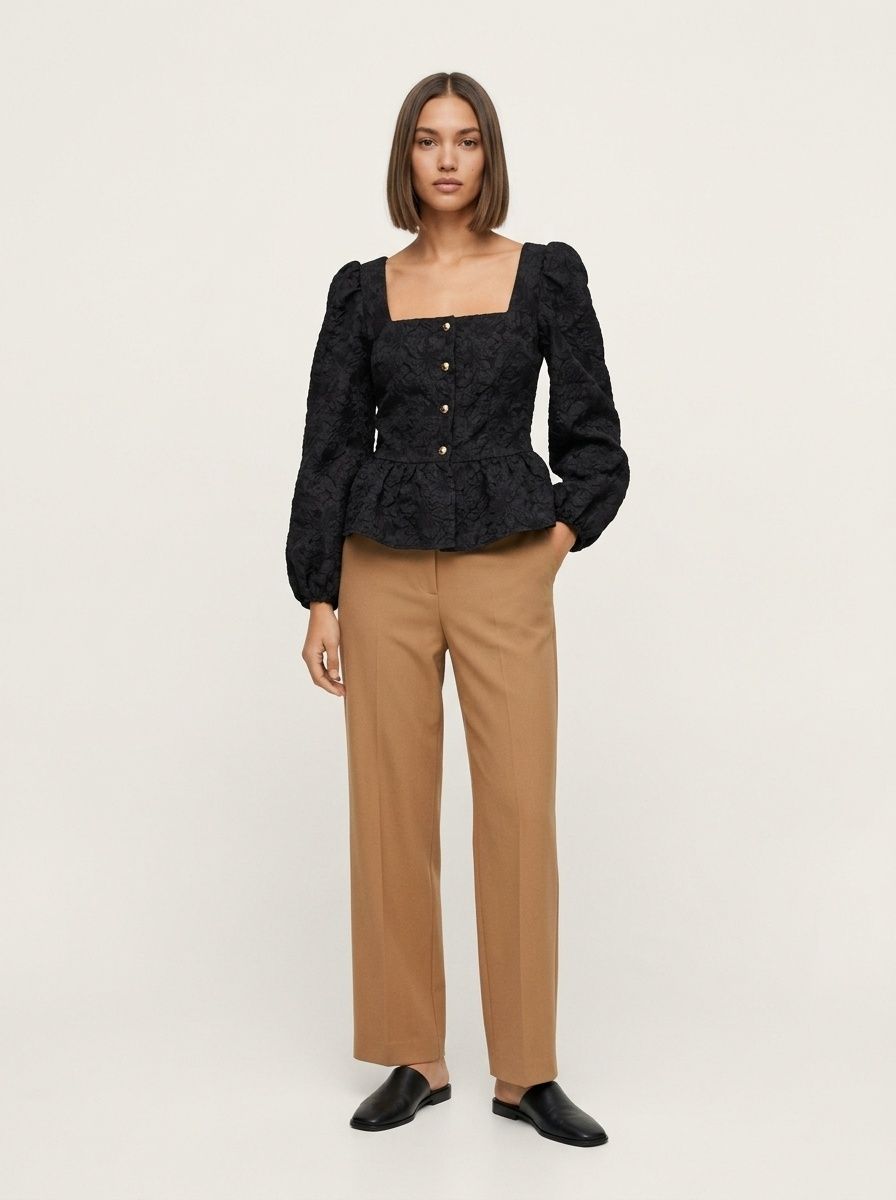 Square Neck Floral Jacquard Peplum Blouse