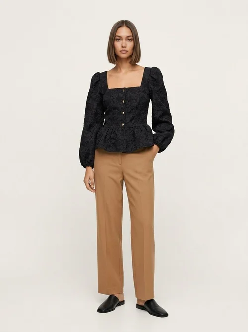 Square Neck Floral Jacquard Peplum Blouse