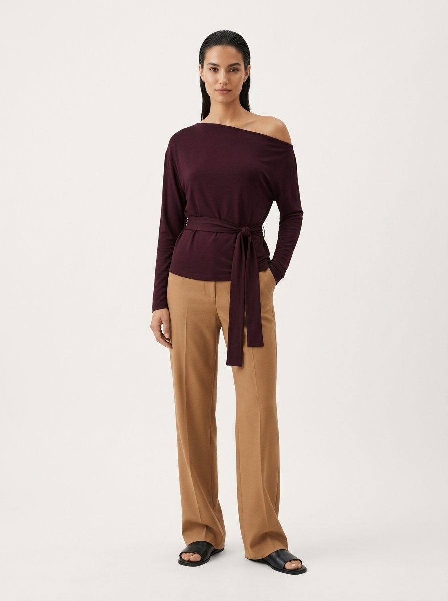 Women's Off-Shoulder Long Sleeve Tie Waist Top