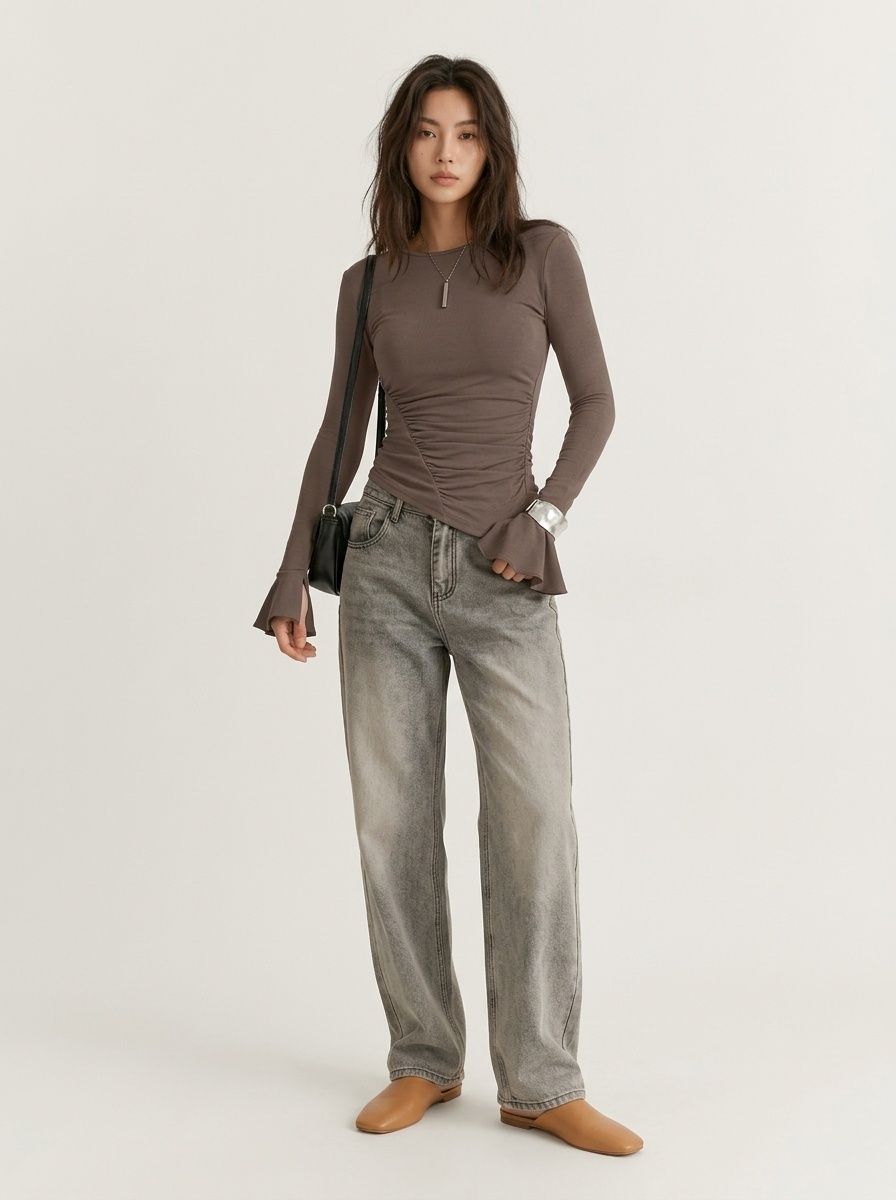 Ruched Flare Sleeve Crewneck Top