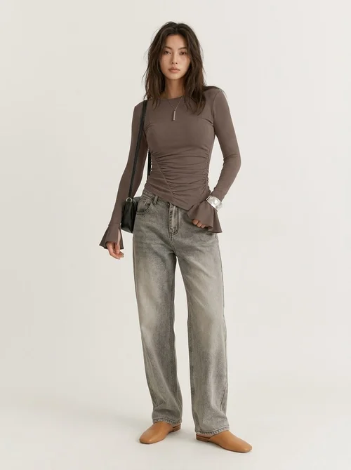 Ruched Flare Sleeve Crewneck Top