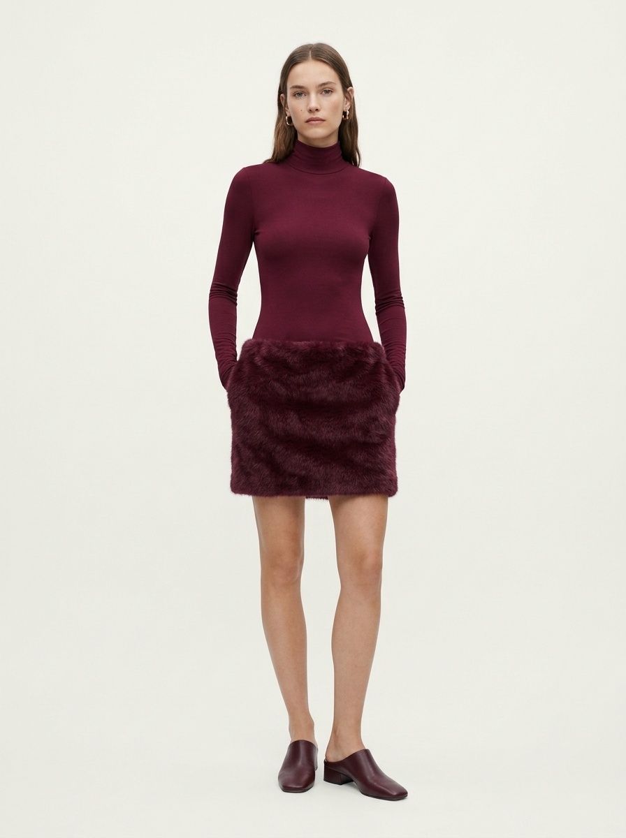 Burgundy High Neck Long Sleeve Faux Fur Hem Mini Dress