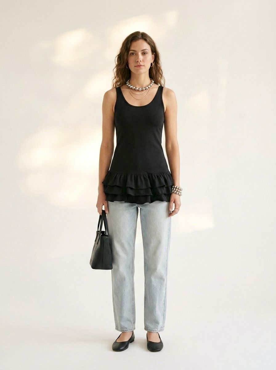 Débardeur chic à ourlet volanté - Noir sans manches à basque