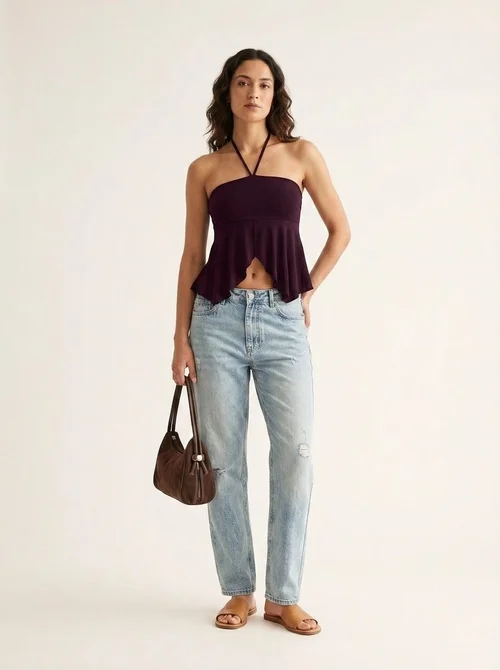 Top a fascia con scollo all'americana e orlo asimmetrico - Ciliegia Nera