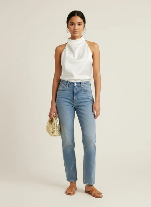 Elegante top in raso con scollo all'americana e collo a scialle: chic e versatile.
