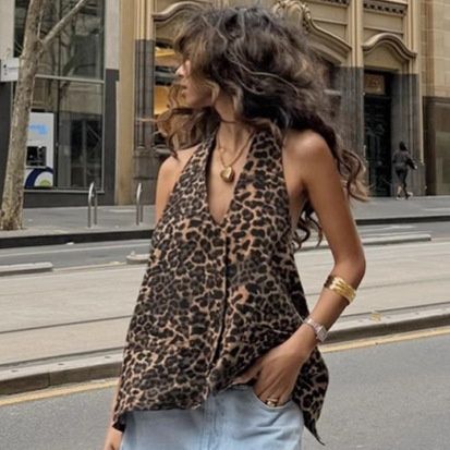 Top halter con estampado de leopardo - Blusa sin espalda con botones en la parte delantera