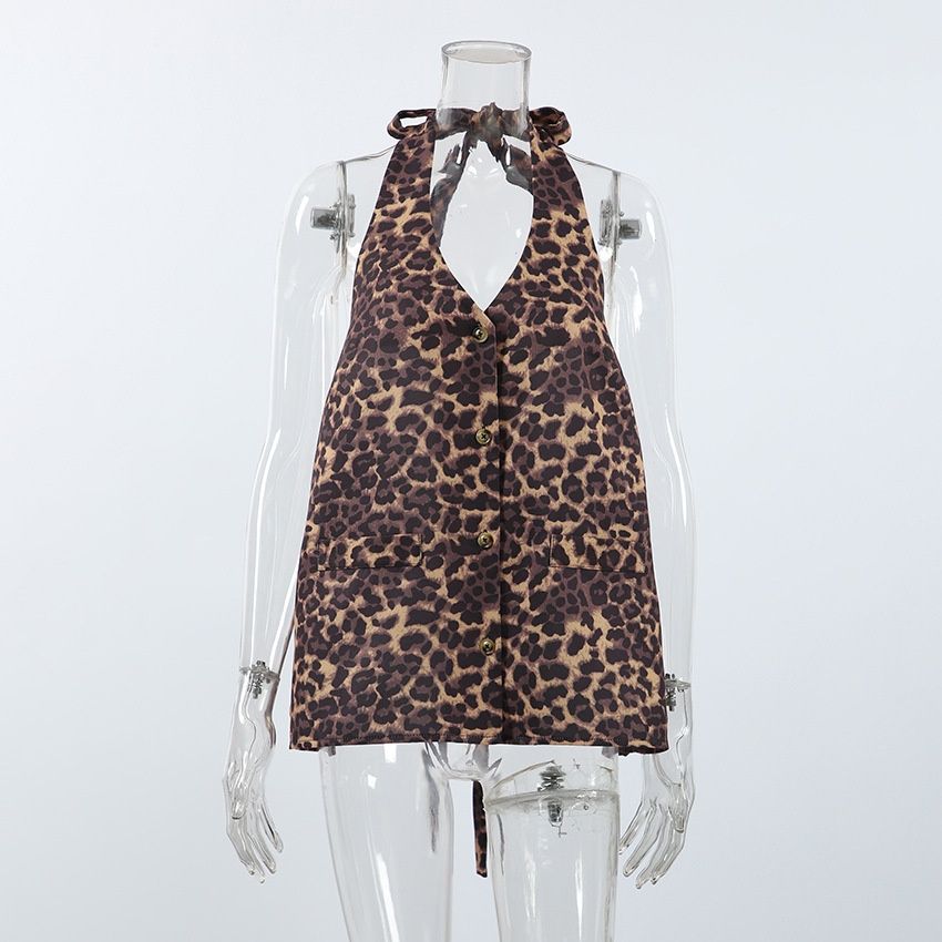 Top halter con estampado de leopardo - Blusa sin espalda con botones en la parte delantera