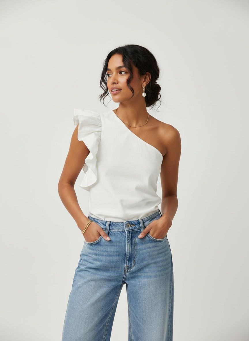 Haut chic blanc à une épaule et à volants