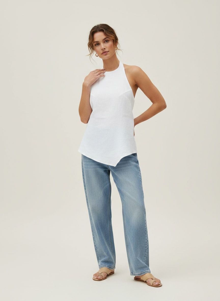 Haut asymétrique à dos nu et bretelles lacées - Mélange chic de lin blanc