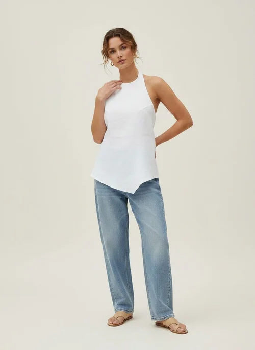 Top asimmetrico con scollo all'americana e allacciatura sulla schiena - Elegante misto lino bianco
