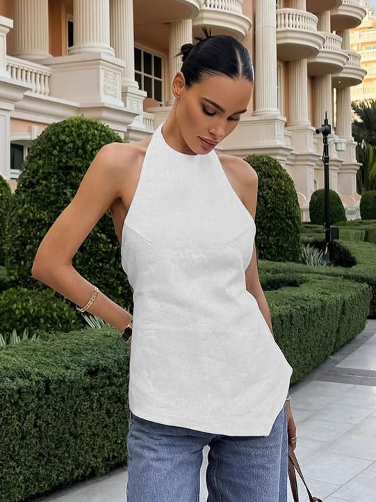 Top asimétrico con cuello halter y espalda anudada - Elegante mezcla de lino blanco