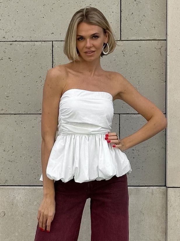 Top de burbuja peplum blanco sin tirantes elegante