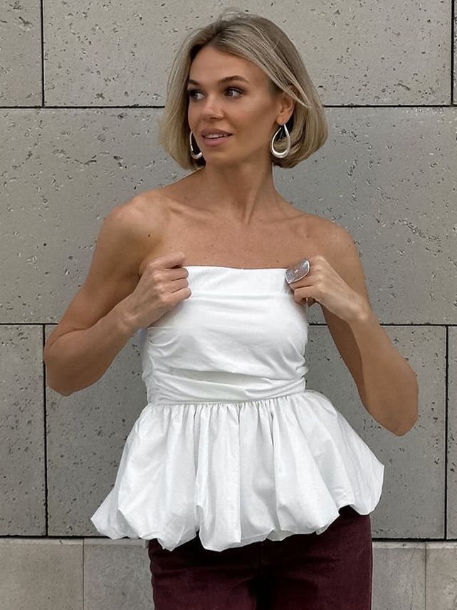 Top de burbuja peplum blanco sin tirantes elegante