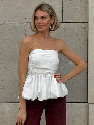 Top de burbuja peplum blanco sin tirantes elegante