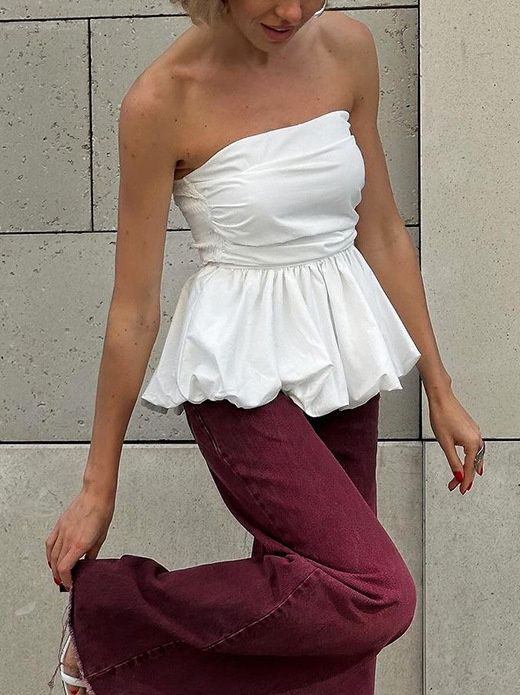 Top de burbuja peplum blanco sin tirantes elegante