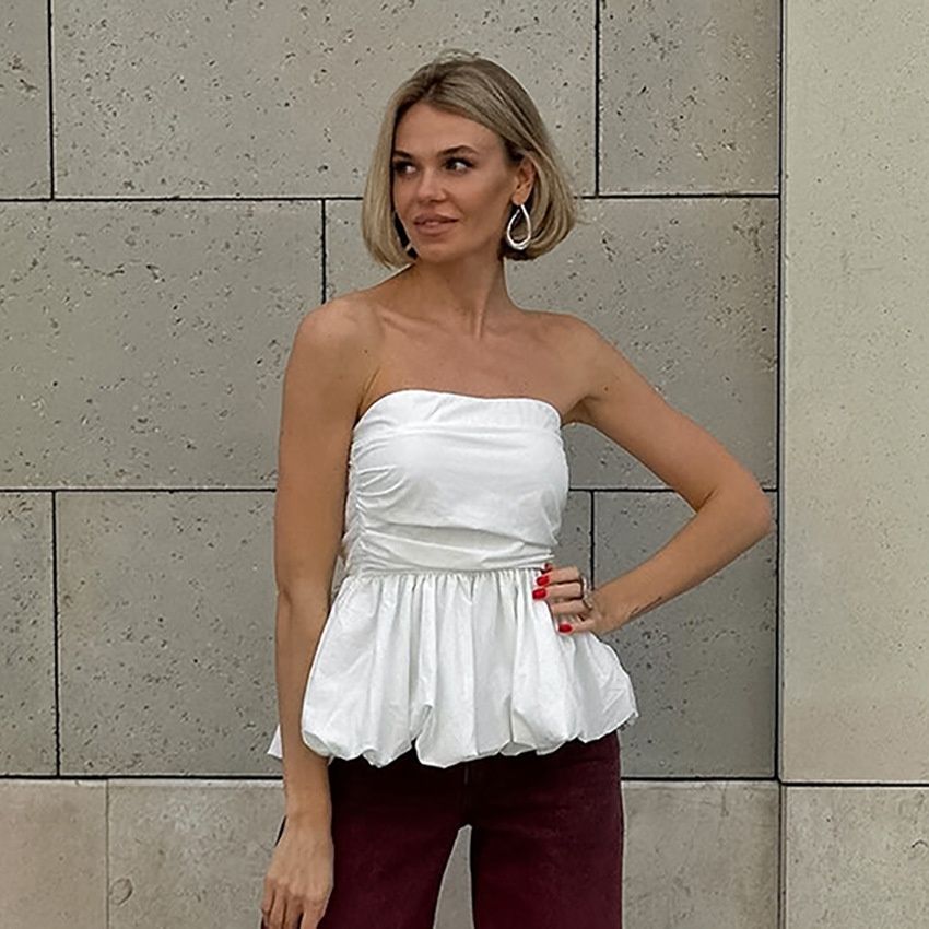 Top de burbuja peplum blanco sin tirantes elegante
