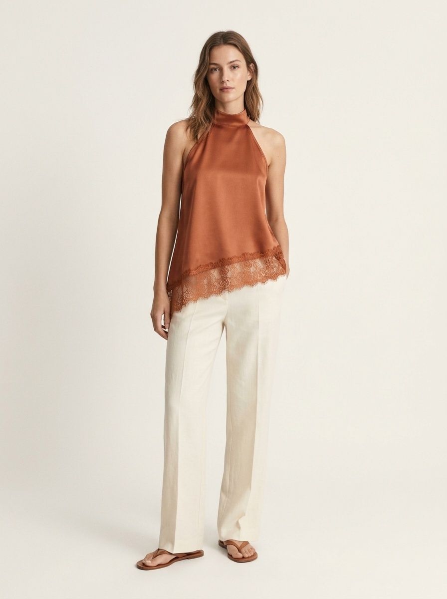 Top in raso marrone con scollo all'americana e orlo asimmetrico in pizzo.