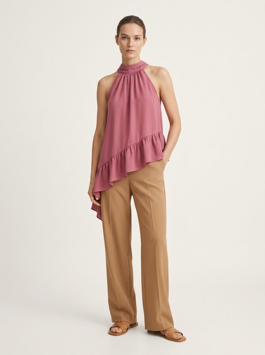 Top da donna con scollo all'americana e orlo asimmetrico a balze