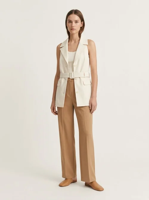 Gilet blazer da donna senza maniche con scollo all'americana e cintura