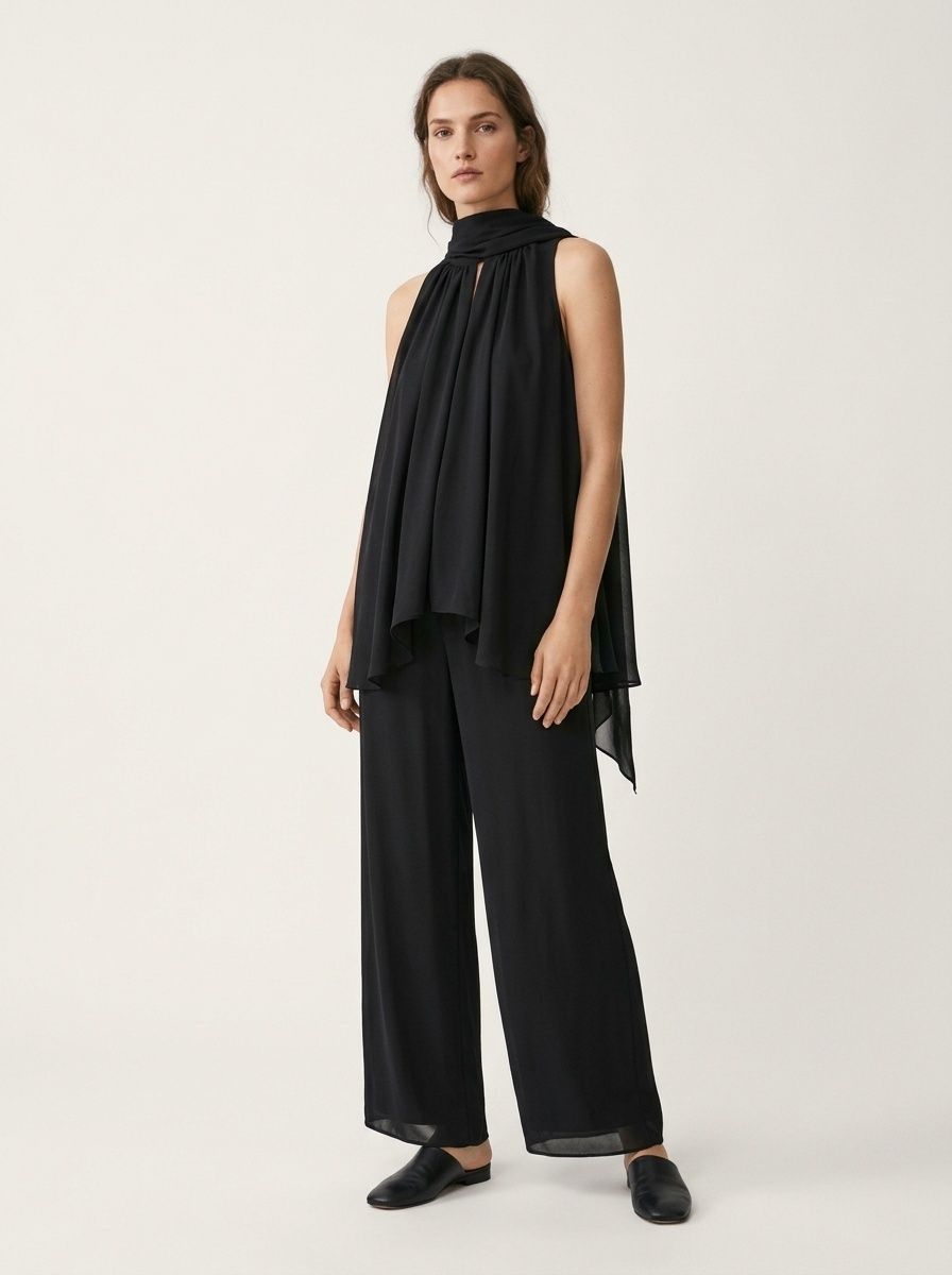 Completo da donna composto da top nero con scollo all'americana e pantaloni a gamba larga.