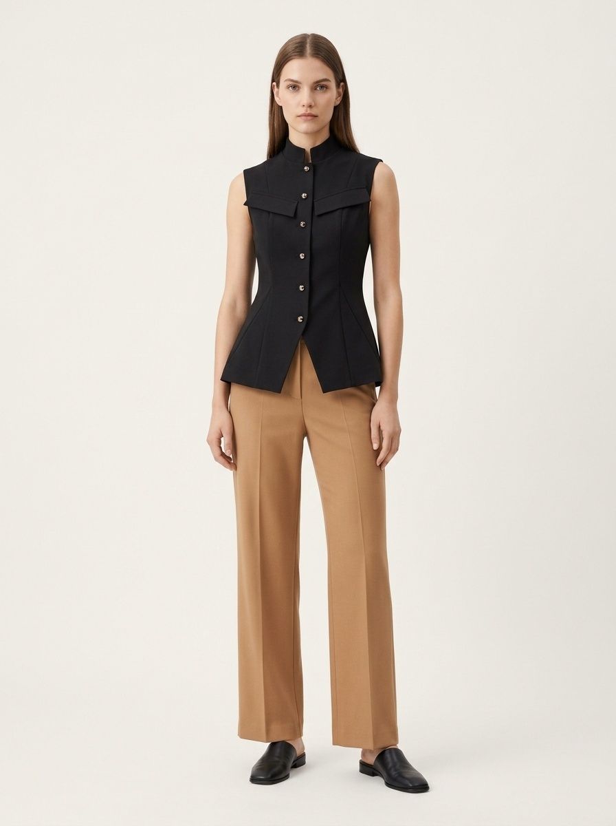 Women's Black Stand Collar Button-Up Peplum Vest