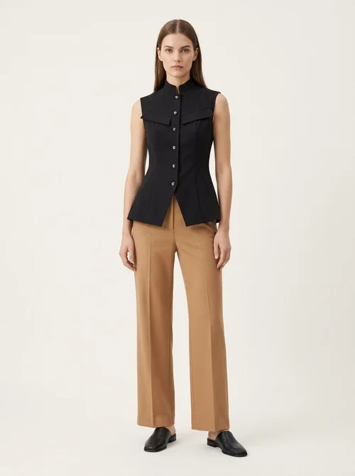 Women's Black Stand Collar Button-Up Peplum Vest