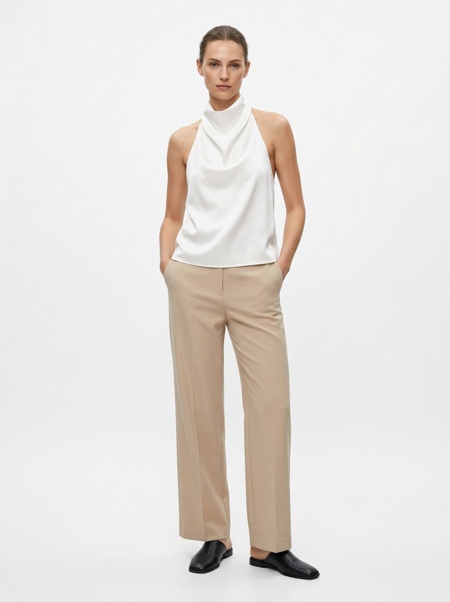 Women's White Satin Halter Top with Cowl Neck